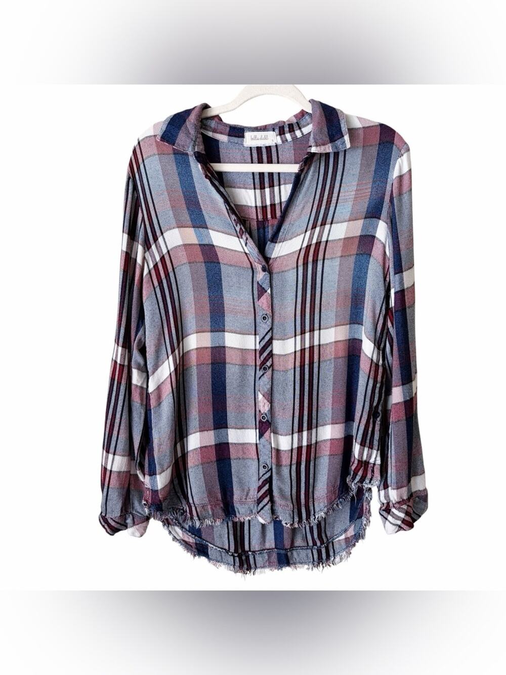 Bella Dahl | Button Front Flannel Tunic Shirt Plaid Fringe Hem Burgundy Small
